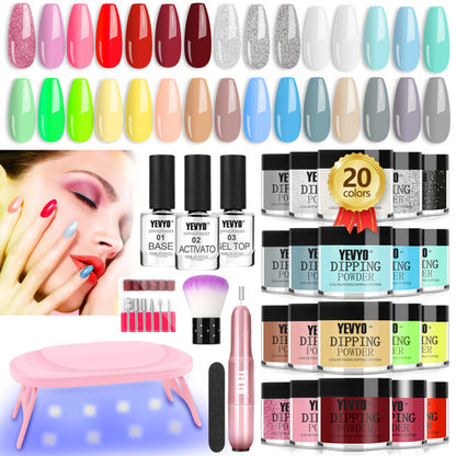 Acryl-Nagelset – Dip-Powder-Nagelset mit Nagelfräser und UV-Licht, 20 Farben Schnell­trocknendes Pulver, Set mit Basis- & Überlack sowie Aktivator – Nagel-Dip-Powder-Set für French Nails, Reparaturen & DIY-Nageldesigns